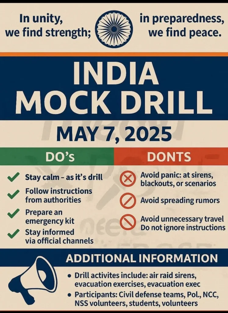 India mock drill 2025, May 7 mock drill, Civil defence drill India, Operation Abhyaas, National disaster mock drill, 4:00 PM blackout drill, Home Ministry mock drill, NDMA drill 2025, India Pakistan tension, Kolkata siren drill, Chennai Port drill, Delhi school evacuation, Mock drill timing, Bareilly blackout 8 PM, Mumbai evacuation drill